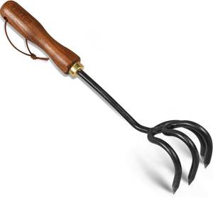 lot 4085 image: Hand Cultivator Rake, Ergonomic Small Garden Rake with Walnut Handle & 4 Durable Tines, Garden Tools for Weeding, Digging and Cultivating
