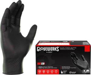 lot 4104 image: $250 GLOVEWORKS Black Disposable Nitrile Industrial Gloves, 5 Mil, Latex & Powder-Free, Food-Safe, Textured, Large, Box of 100
