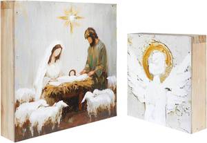 lot 4109 image: Christmas Wooden Wall Decor Set of 2, Hand-Painted Textured Panels with Nativity Scene Angel Sign, Rustic Farmhouse Religious Christmas Holiday Decorations for Living Room Shelf or Wall Display