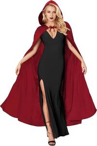 lot 4119 image: Classic Red Cape with Hood Full Length, Soft Cosplay Costume for Women, Halloween Red Cloak with Neckline Drawstring Design, One Size Fits Most - Ideal for Parties