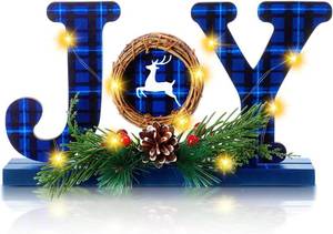 lot 4120 image: Christmas Joy Lighted Sign Wooden Blue Plaid Christmas Decorations Indoor Tabletop Farmhouse LED Light up Joy Block with Pine Needle Branch Cone Holiday Winter Mantel Fireplace Home Decor