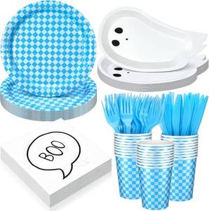 lot 4133 image: Yungyan 144 Pcs24 Set Halloween Paper Plates and Napkins Boo Ghost Plates Blue Cups with Forks and Knife Halloween Party Tableware Set for Spooky Birthday Party Decoration Boo Baby Shower