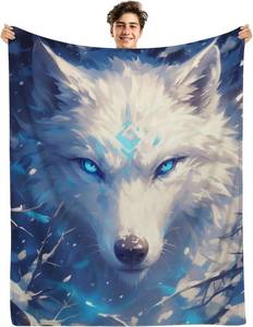 lot 4159 image: Cool White Wolf With Blue Eyes Throw Blanket - Winter Snow Theme for Adults, Teens, Kids - Wolf Lovers Gifts for Men, Women, Boys, Girls - Blue White, 60x50