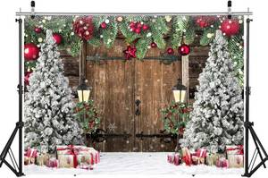 lot 4162 image: WOLADA Rustic Christmas Backdrop Barn Door Backdrops for Photography Xmas Tree Snow Back Drop 12x10FT 12585