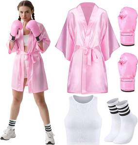 lot 4170 image: 5 Pcs Halloween Boxing Costume for Women Adult Pink Boxer Costumes Set with Satin Boxing Robe Boxing Gloves Vest Medium