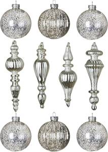 lot 4185 image: Mercury Glass Christmas Ornaments Silver Hanging Balls with Different Shapes for Xmas Tree Decor,Vintage Finials Luxury Christmas Decoration Hanging Bauble for Neutral Holiday Winter Wedding-Set Of 10