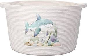 lot 4186 image: Large Cotton Rope Woven Basket with Handles 21L x 13.4H Laundry Clothes Toy Storage Cute Soft Woven Bin Nursery Toy Storage Organization for Living Room Bedroom(White,Shark)