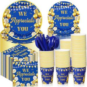 lot 4189 image: 240 Pcs We Appreciate You Tableware Set Thank You Decorations Plate and Napkin Disposable Cup Paper Knife Fork Spoon Employee Appreciation Party for Teacher Serve 30 (Blue Gold Appreciate)