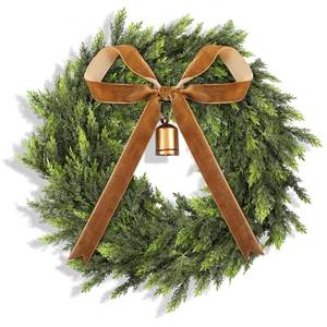 lot 1 image: Dingion 20 Real Touch Christmas Cedar Wreath Artificial Cedar Wreaths for Front Door Winter Faux Green Fake Pine Cypress Wreath with Vintage Bow for Window Outdoor Indoor Wall Home Xmas Holiday Decor - Retail $35