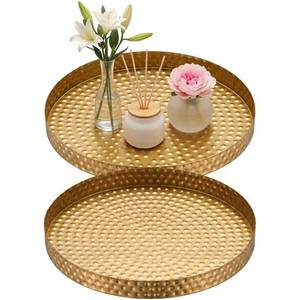 lot 13 image: Funnymoom 2 Pcs Gold Round Serving Tray 11 Inch Hammered Decorative Iron Tray Kitchen Accessories Plate Vanity Plate Jewelry Dish Key Bowl for Home Decor Bathroom Candle Perfume Countertop - Retail $30