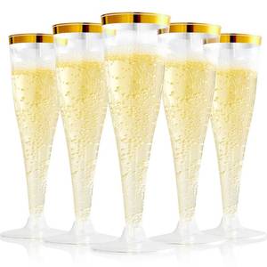 lot 15 image: FOCUSLINE 100 Pack Plastic Champagne Flutes, 4.5 Oz Gold Rim Plastic Champagne Glasses, Disposable Clear Toasting Glasses Recyclable Champagne Cups for Wedding Party - Retail $30