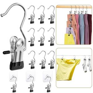lot 22 image: Pant Hangers with Clips, Hanger Clips, Clothes Pins, Space Saving Hanging Closet Organizer Storage, Jean Hangers, Clothespins for Leggings, Pants, Skirt, Hat, Boots, 11 Clips  - Retail $9
