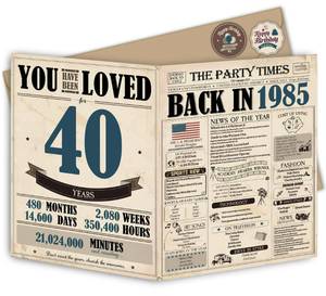 lot 27 image: Blazeon Jumbo 40th Birthday Card for Women Men, Vintage 40th Birthday Party Decorations for Her Him, Retro 40 Year Old Birthday Card, Double-Sided with Two Stickers - Retail $6