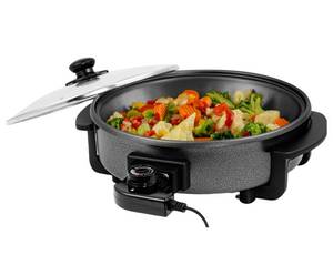 lot 39 image: OVENTE 11.5-Inch Electric Skillet & Frying Pan, 1400W Nonstick Cooking Pan with Adjustable Temperature Control, Tempered Glass Lid with Steam Vent, Cool-Touch Handles, Easy-Clean Black SK11112B - Retail $35