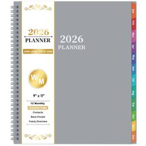 lot 56 image: 2026 Planner - Planner 2026, Jan.2026 - Dec.2026, 9 x 11, 2026 Calendar Planner, Weekly and Monthly Planner, Colorful Tabs, Twin-wire Binding, Inner Pocket - Grey - Retail $4
