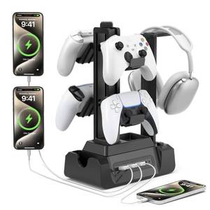 lot 59 image: KDD Charging Station for Multiple Devices - 4 Ports Charging Dock with Controller and Headset Stand - 3 USB A & 1 USB C for Cellphone Tablet and Other Electronic - Multi Storage for Gaming Accessories - Retail $28