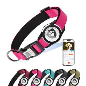 lot 64 image: PURPLE, NOT PINK ilFindYou Reflective Dog Collar with AirTag Holder for Puppy Soft Nylon Rose Red Sized XS - Retail $17