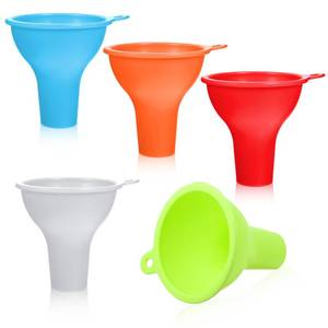 lot 65 image: 5 PCS Kitchen Silicone Funnel, Wide Mouth Funnel Multi Color Flexible Condiment Funnels for Kitchen Use Filling Bottles, Home Bottles Cans Jars, Liquid Oil and Powder
