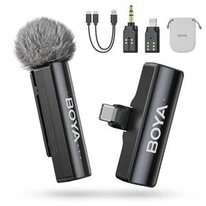 lot 85 image: BOYA BOYALINK 2 A1 (1TX3RX Adapter) Wireless Lavalier Microphone for iPhone Camera Android, Clip on Mic, 48 KHz 24 Bit, 1000ft, Noise Cancelling, Mini Lapel Mic USB-CLightning3.5mm TRS - Retail $83