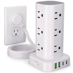 lot 88 image: Power Strip Tower with Multiple Outlets, Flat Plug Surge Protector Tower Extension Cord with 12 AC Outlets 4 USB Ports (2 USB C), 6FT Cord Power Tower Surge Protector for Home Office Dorm Room, White - Retail $18