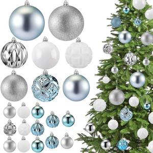 lot 91 image: Soulchen 4 Size Christmas Balls Ornaments Set 46 Pcs 1.57, 2.36, 3.15, 4 Christmas Tree Decorations Shatterproof Hanging Plastic Xmas Ball for Holiday Xmas Tree(Light Blue, Silver White) - Retail $25