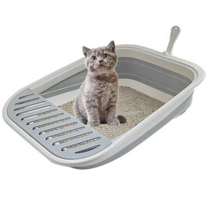 lot 96 image: chuyouan Collapsible Kitten Litter Box, 17.7 x 13.4 x 5 inch Open Cat Potty Pan with Scoop Foldable Shallow Cat Toilet Anti-Splashing Low Entrance Travel Litter Box with Falling Sand Pedal Grey - Retail $20