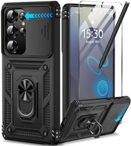 lot 112 image: Taisairu for Samsung Galaxy S25 Ultra Case with Screen Protector & Slide Camera Lens Cover, Built-in Magnetic Ring Stand Shockproof Protective Phone Case for Samsung S25 Ultra Case (Black) - Retail $13