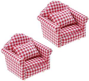 lot 131 image: 2 Sets 112 Scale DIY Dollhouse Sofa&Armchair with Pillow Mini Dolls House Furniture Couch&Chair Miniature Wooden Furniture Handmade Crafts Supplies Red Checkered Dollhouse Toy Dollhouse Accessories