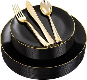 lot 136 image: YOUBET 125PCS Black and Gold Plastic Plates - Black Disposable Plates With Gold Rim - Includes 25 Dinner Plates, 25 Dessert Plates, 75 Gold Silverware for Wedding Birthday Party - Retail $39