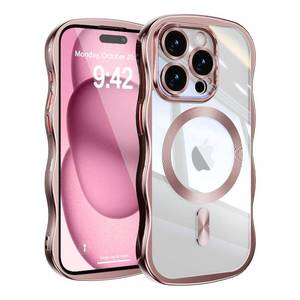lot 141 image: UEEBAI for iPhone 15 Pro Max Case, Cute Wave Frame Magnetic Phone Case Compatible with Magsafe Full Camera Protection Cover Soft Electroplated Phone Cover for Women Girls - Pink - Retail $14
