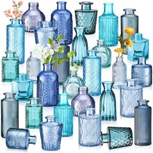 lot 151 image: Yaomiao 30 Pcs Vases Bulk Colored Flower Glass Bud Vases Valentine Vintage Colored Glass Bottles Colorful Rustic Embossed for Home Wedding Table Decorations Gifts(Blue Series) - Retail $54