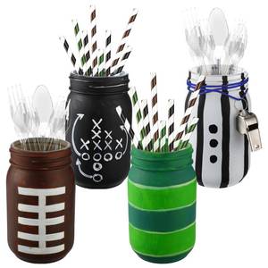 lot 156 image: Yousoontic 4 Pcs Football Party Decorations Football Mason Jar Centerpiece for Table Sports Themed Mason Jars Table Toppers 17 oz Football Painted Decorative Jars Gift for Birthday Baby Shower Match - Retail $27