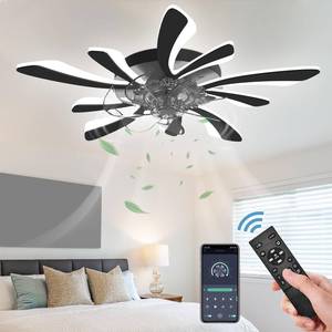 lot 163 image: GooComfy Dimmable Ceiling Fan with Light and Remote Control, 31 Small Flush Mounted Ceiling Fan with Led Lights, APP and Remote Controlled, Modern, Black, Upgraded - Retail $1,801