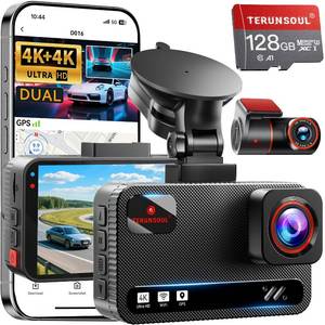 TERUNSOUl 4K+4K Dash Cam Front and Rear, Free 128GB Card Included, 5.8GHz WiFi Dash Camera for Cars, Built-in GPS, G-Sensor, 170Â°Wide Angle, 3\" IPS Screen, 24H Parking Mode, Support 512GB Max - Retail: $110