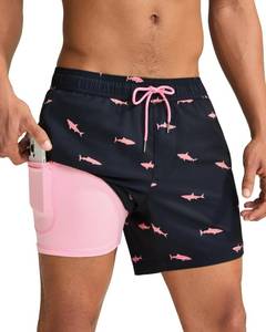 lot 169 image: maamgic Mens Swim Trunks with Compression Liner 5 Inch, Quick Dry Bathing Suit with Zipper Pockets, Stretch No-Chafing Swim Shorts, Black-Pink Shark Large - Retail $33