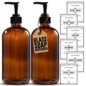 lot 172 image: TWO DIFFERENT SIZES, ONE PUMP Sunrise Premium, 16 OZ Thick Amber Glass Soap Dispenser with Pump 2 Pack, Hand and Dish Soap Dispenser Set for Bathroom with 6 Waterproof Labels - Retail $10