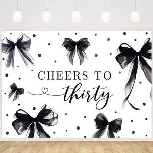 lot 203 image: MEHOFOND 7x5ft Coquette 30th Birthday Backdrop for Women Cheers to Thirty Photography Background Black Bow Theme Birthday Party Banner 30 Years Celebration Party Photo Props - Retail $16