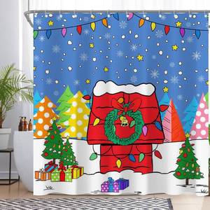 lot 206 image: Yriujul Christmas Cartoon Red Dog House Comic Shower Curtain for Bathroom Winter Snow Xmas Tree Home Decorations Sets with 12 Hooks Waterproof Polyester 72 x 72 - Retail $37