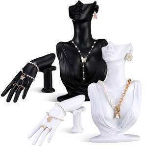 lot 210 image: Yalikop 4 Pack Resin Jewelry Mannequin Display Set Necklace Earring Display Stand and Female Mannequin Hand Ring Bracelet Holder Bust Organizer Black White for Shows Selling Home Decor (Elegant) - Retail $44