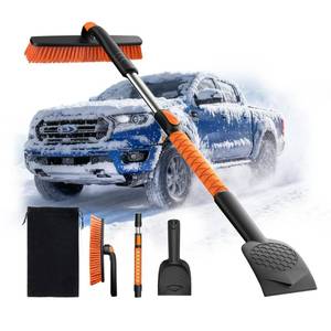 lot 217 image: AMADAW 45 Extendable Snow Brush and Ice Scrapers for Car Windshield 360° Rotating Snow Brush Head Military-Grade Sturdy Ice Scraper for Sedans, SUVs and Trucks Easy Storage Orange - Retail $40