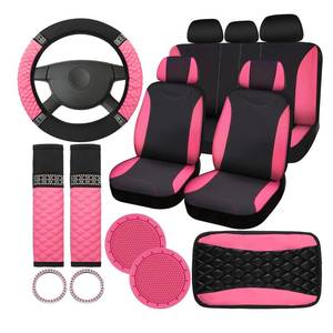 lot 218 image: 17 Pcs Bling Car Accessories Set for Women, Seat Covers Leather Steering Wheel Cover, Seat Belt Shoulder Pad Armrest Cup Holders Covers, Full Crystal Decor Automotive Interior (Pink and Black)