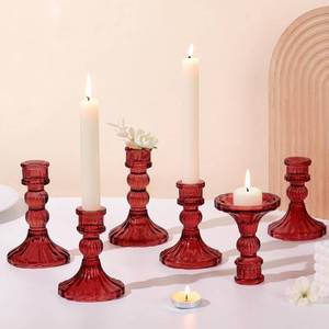 lot 221 image: DARJEN 4Pcs Red Candlestick Holders Set - 4 H & 5 H Striped Taper Candle Holders Bulk, Glass Candle Holders for Wedding, Festival, Party, Table Centerpiece, Gifts - Retail $1,333