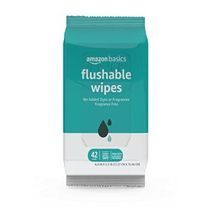 lot 250 image: Amazon Basics Adult Wet Wipes Flushable formulated without Fragrance, (1Packs of 42) Packaging May Vary - Retail $4
