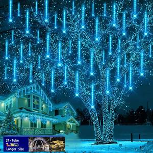 lot 255 image: Outdoor Christmas Decorations, 24Tubes Meteor Shower Lights (Equal to 3 Sets of 8-Tubes) Ice Blue LED Icicle Christmas Lights for Halloween Xmas Decorations Tree Party Yard Outdoor - Retail $37