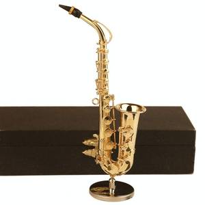 lot 259 image: Dselvgvu Miniature Saxophone with Stand and Case Brass Mini Musical Instrument Replica Collectible Figurines Dollhouse Accessories Model Home Decorations Ornaments (Alto Saxophone, 6.22x3.07x1.12) - Retail $20