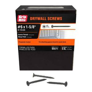 lot 3095 image: Grip-Rite #6 x 1-58 in. Philips Bugle-Head Coarse Thread Sharp Point Drywall Screw