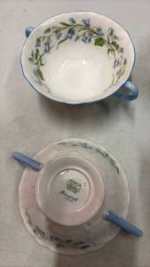 lot 58986 image: Shelley Harebell Pattern Double-Handled Soup Bowls with Plates  2 Totes Full  - Retail $240