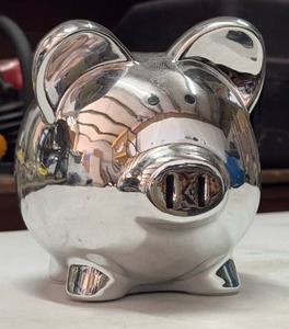 lot 58991 image: Chrome and White Ceramic Piggy Bank - Retail $18