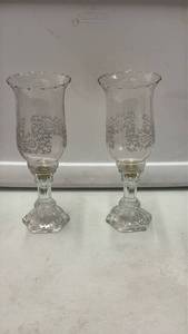 lot 59006 image: Etched Glass Floral Hurricane Candle Holders - Retail $18