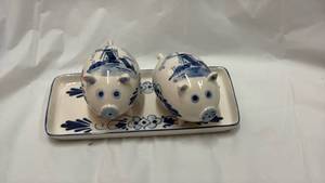lot 59031 image: Delft Blue Windmill Pig Salt & Pepper Shakers with Tray - Retail $25